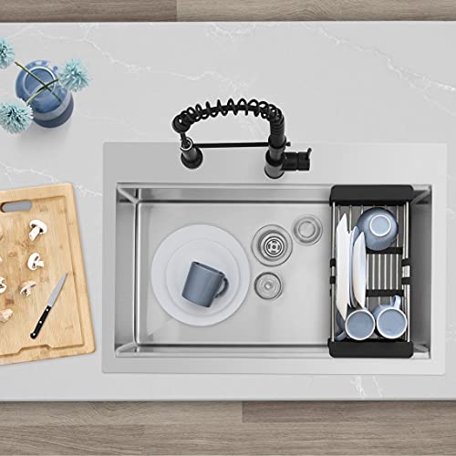 Azuni 31.25 Inch X 20.5 Inch Single Bowl Topmount 18G Kitchen Ledge Workstation Sink With Grid, Luxury Basket Strainer, Drain Basket And Bamboo Cutting Board, C430L #TOP1
