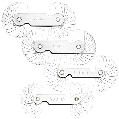 Juego de 4 medidores de radio de filete, medición de 0,3 a 25 mm, construcción de hierro inoxidable 203, herramienta de precisión para trabajadores del metal y artesanos