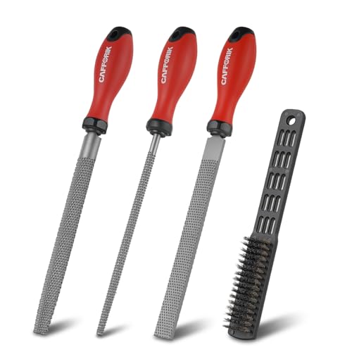 CAFFORIK 4PCS Wood Rasp File Set 8-Inch High-Strength Carbon Steel Flat/Half-Round/Round Wood File with Handle Wire Brush for Woodworking