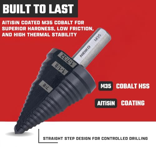 Image of NEIKO 10634B Step Drill Bit, 3 Steps 7 /8 inch to 1-7 /32 inch Straight M35 Cobalt, AlTiSiN Coated, 3 /8 inch Tri-Flat Step Bits for Steel, Metal, Wood, Plastic, Unibit Cone Drill Bits, Two Flute