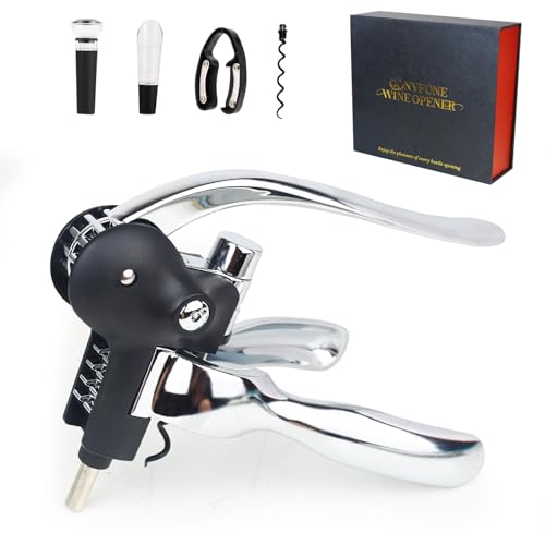 QONYFONE Wine Opener Rabbit Corkscrew with Luxury Gift Box Premium 5-Piece Set Includes Wine Stopper Foil Cutter Wine Pourer Quick and Easy Cork Extraction for Wine Lovers (Futura Silver)