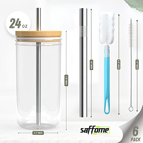 Saffome 6 Pack Glass Mug Set - Drinking Glasses Tumbler, 24Oz Reusable Boba Tea Cups With Bamboo Lids, Travel Tumbler Bottle, Non-Slip Glasses For Iced Coffee, Smoothie #TOP2