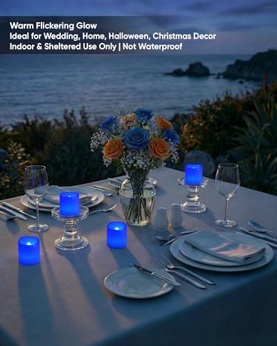 Image of Homemory 24Pack Blue Flickering Flameless Votive Candles, 200+Hour Electric Fake Candles, Battery Operated LED Tealight for Wedding, Outdoor, Table, Festival (Warm White,Battery Included)