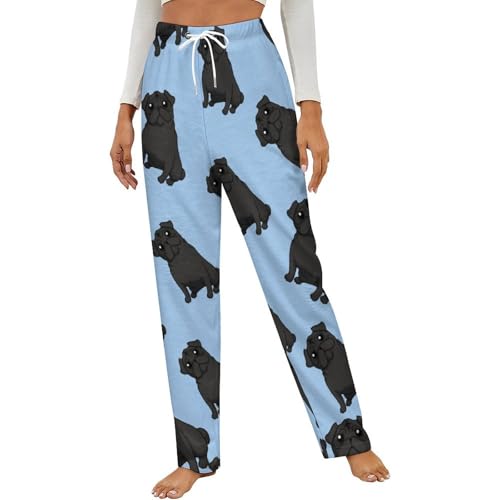 Image of Black Pug Flannel Pajama Pants Women Long Lounge Pants Soft Pj Bottom with Drawstring Belt Sleepwear 2XL