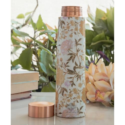 Image of Indian Art Villa Copper Gold Flower Print Bottle - 800 ML, Pure Copper Ayurvedic Water Bottle with Leak-Proof Lid, Ideal for Office, Yoga, Travel, and Gifting
