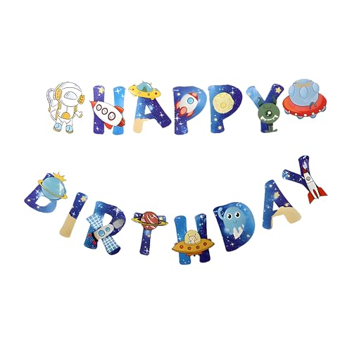 Image of Juzfun Happy Birthday Letter Banner Space Themed Alphabet Letters Wall Hanging Decoration Glossy Paper Material