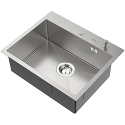 Fregadero Roca Berlin Plus 55 Auralum Fregadero Cocina Un Seno 55x45cm, Fregaderos de Cocina de Acero Inoxidable con 2 Agujeros de Montaje y Escurridor, Fregadero Sobre Encimera o Enrasadode