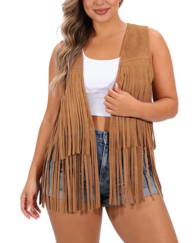 UpFind Plus Size Brown Cowboy Vest for Women Faux Suede Fringe Tops Country Concert Tops for Women, 3XL