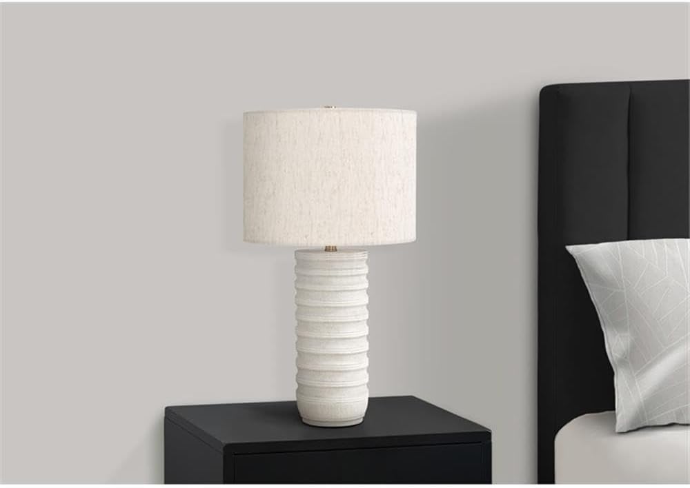 Pemberly Row 28" Cream Resin Cylinder Table Lamp, Ivory Linen Drum Shade, Gold Finial, 3-Way Switch, 5ft Transparent Cord, Transitional Style Lighting for Living Room, Bedroom, or Office