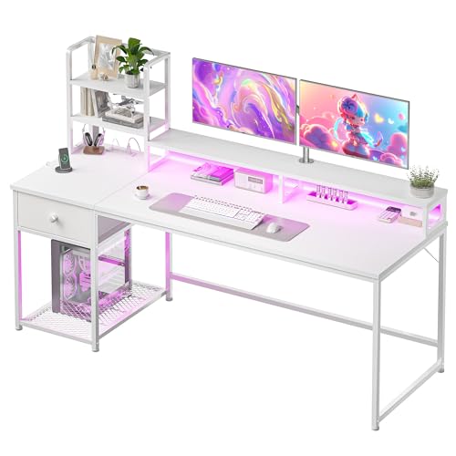 Image of 55 Inch White Computer Desk with Drawers and Hutch,Reversible Home Office Desk with Monitor Shelf,Gaming Desks with USB Power Outlets&Storage,Writing Study Table for Bedroom with LED Lights,White