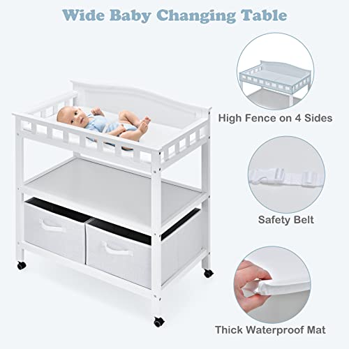 Infans Baby Changing Table, Wood Diaper Dresser Station With Pad 2 Storage Drawers Baskets Shelves 4 Lockable Wheels And Safety Belt, Nursery Organizer Stand For Newborn Infant #TOP2