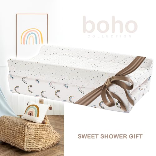 Image of Organic Cotton Covered Contoured Baby Changing Pad | Waterproof Foam Mattress, Soft, Removable & Washable Cover, Safety Strap, Non-Slip Bottom, Topper for Standard Size Infant Diaper Table & Dresser