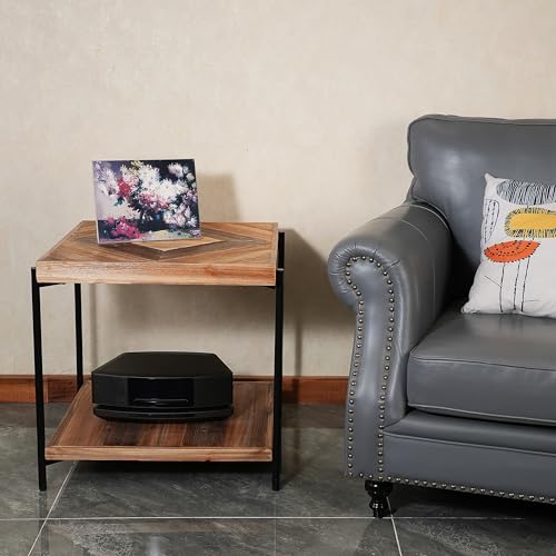 CONSDAN StoneCreek Solid Fir Wood Side Table - Metal Frame, 2-Tier End Table for Living Room/Bedroom/Office, 23\" Square Night Stand, Accent Table - Thumbnail 4
