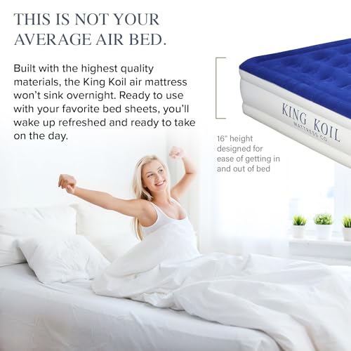 King Koil Full Size Premium Air Mattress with Built-in Pump for Home, Camping & Guests, 16" Inflatable Airbed Double High Adjustable Blow Up Mattress, Durable - Portable and Waterproof