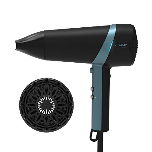REVAMP Progloss Haartrockner Ionen 2300W - Leichter, tragbarer Föhn mit Glättungsdüse und Volumenaufsatz, Ionenfunktion und mit Progloss Ölen Keratin, Kokosnuss & Argan angereichert, schwarz/blau Cover
