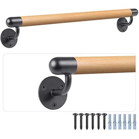 Dolibest 3.2 ft Wood Handrail Indoor Stairs Handrail Wall Mount Handrail w/Sturdy Metal Barckets, Non-Slip and Comfty Handrail Barrier-Free Staircase Grab Bar for Elderly, 1-1/2'' Round Cover