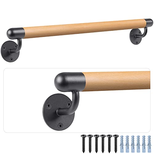 Dolibest 100cm Main Courante en Bois, Rampe d'escalier Bois en Hêtre Ronde 3.8cm Poignée de Sécurité Barre d'escalier avec Support Intérieur Murale...