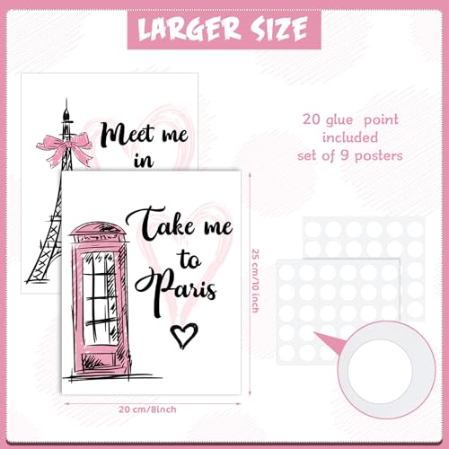 Pajean 9 Pieces Paris Decor for Bedroom Bathroom Pink Paris Wall Art Eiffel Tower Romantic Art Prints Room Decor Unframed Poster for Girls Living Room Decorations, 8 x 10 Inch - Image 3