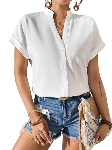 Avanova Women Button Down Short Sleeve Shirt Blouse V Neck Work Business Top