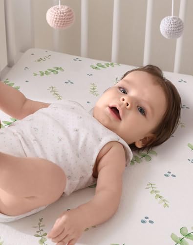 Image of Pack and Play Sheets 2 Pack, Fitted Jersey Knit Mini Crib Sheets for Baby Boys and Girls, Compatible with Graco Pack N Play and Mini Crib Mattress (Desert Green, Pack N Play /Mini Crib Sheets)