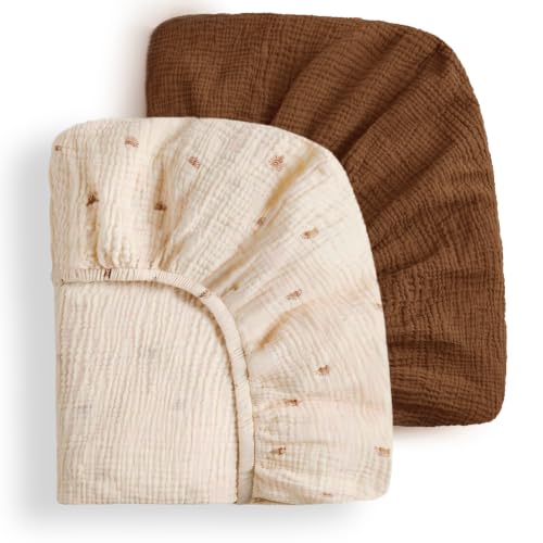 Blissful Diary Muslin Mini Crib Sheets, 2 Pack, Sunshine & Brown | fitted for pack n play, soft and breathable cotton, boho style, easy care for machine wash, gifts for boys and girls