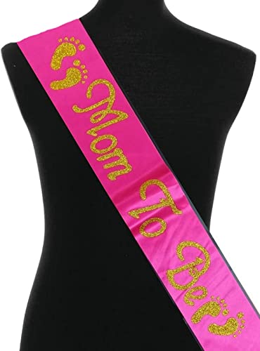 Fun Affairs Hot Pink with Glitter Gold Letters Mom to Be Satin Sash for Baby Shower Celebrations