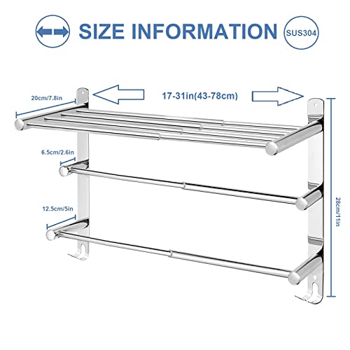 Stretchable 17-31 Inches 3-Tier Bath Towel Bar With Shelf Towel Rack Bathroom With Hooks Kitchen Hand Towel Holder Dish Cloths Hanger Sus304 Stainless Steel Wall Mounted No Drill Space Saving Silver #TOP1