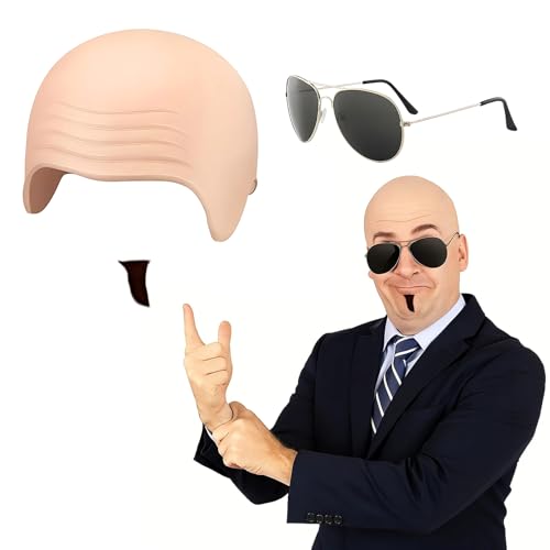 YceLon Pitbull Kostüm Set, Bald Cap Pitbull Mit Sonnenbrille Und Fake Bart, Glatzenkappe Pitbull Für Party Und Cosplay, Einheitsgröße, Hautfreundliche Materialien