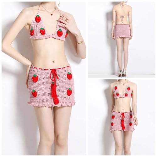 Womens Summer Crochet Halter Crop Tops Boho Bikini Skirt 2 Piece Sets Swimsuit Cute Strawberry Beach Vacation Outfits2