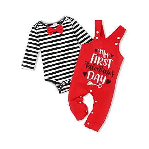 Wexuua My First Valentines Outfits Baby Boy Long Sleeve Striped Romper Suspender Pants Valentine Infant Boys Clothes Sets Cover