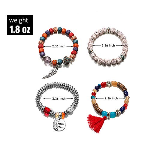 Smalllove Bohemian Bracelets Set For Women Girls Multilayer Stretch Stackable Wing Tassel Love Charm Crystal Beaded Beach Boho Natural Stone (Black) #TOP2