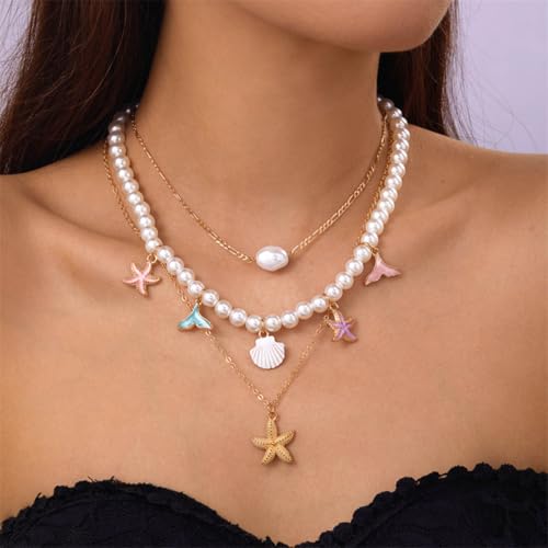 Image of SANNIDHI 3Pcs Necklace for Women Girls Boho Gold Seashell Starfish Pendant Necklaces Layered Beads Necklace Chains Beach Jewelry Gift Item for Women