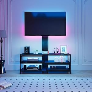 RoyalCraft TV Stand w/Mount and Power Outlet, Swivel TV Stand Mount w/Sliding Door & LED for 32/45/55/60/65/70 inch TVs, 3-Tier Gaming Media Console Table with Storage for Living Room, Jet Black