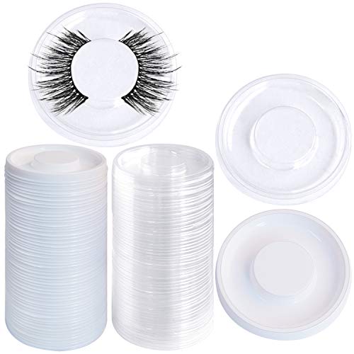 100 Pcs Round Eyelash Tray Holder Plastic Eye Lash Trays Circle Clear Container for False Eyelash Storage Case Packaging Box for Women Girls(Transparent, White)