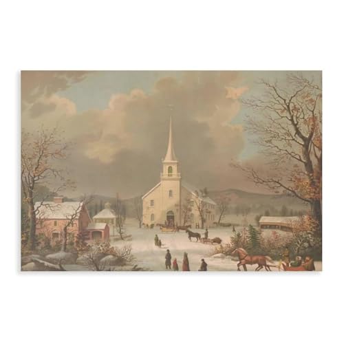 Paysage d'hiver église impression sur toile rétro déco murale salon 61x91