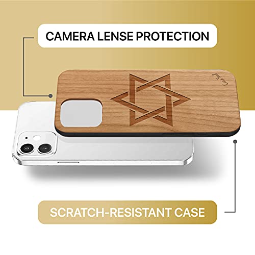 Caseyard Wood Phone Case For Iphone 11 Laser Engraved David Star Design Cherry Wood Compatible Iphone Case Protective Shockproof Slim Fit Cell Phone Cover For Men & Women #TOP5