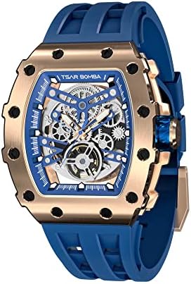 TSAR BOMBA Men's Watch Automatic Mechanical Japanese Movement with Silicone Watch Strap Luxury Watch for Men Tonneau Waterproof 5ATM Elegant Analog Wristwatch Men Gift