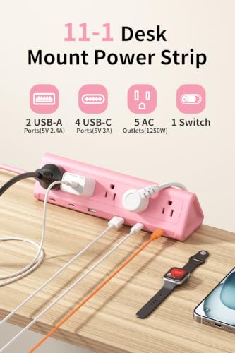 Image of 6.5 FT Desk Clamp Power Strip with 5 AC Outlets & 6 USB Ports PD 40W USB-C Fast Charging, Extension Cord with Multiple Outlets, Fits 2.1 in top Edge Pink