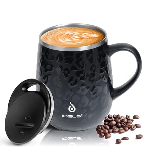 Ideus Kaffeebecher 470ml (16oz), doppelwandige vakuumisolierte Kaffee- und Teetasse aus Edelstahl mit rutschfestem Griff und Schiebemoduldeckel und großem Volumen (Leopard Schwarz)