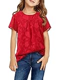 Girls Short Sleeve T Shirt Round Neck Casual Chiffon Loose Tops Floral Ruffle Blouse for Teen Girls