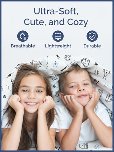 Image of Kids Full Baseball Blue Bed Sheets - 4 Piece Kids Baseball Blue Sheet Set | Baseball Blue Themed Bedding, Ultra-Soft, Cute & Cozy, Breathable & Machine Washable, Bed Set for Boys, Girls & Teens, Comfy