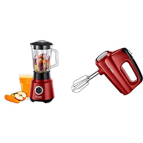 Russell Hobbs Mixeur Blender Electrique 1,5L, 6 Lames, Bol verre - Rouge & Batteur Electrique, 2 Fouets Hélice, 2 Crochets Pétrin, 5 Vitesses, Ergonomique, Puissant - Rouge 24670-56 Desire