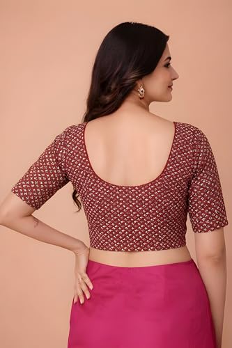 Image of Amazon Brand - Anarva Women's Kalamkari Print Cotton Stretchable Round Neck Readymade Saree Blouse
