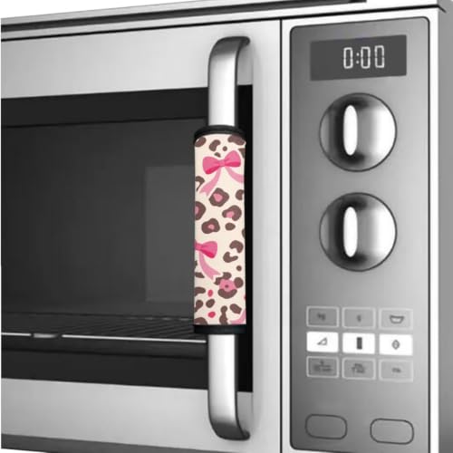 Image of Refrigerator Door Handle Covers Set of 6 Washable Kitchen Appliance Decor Handles Keep Clean Anti-Slip Fridge Accessories Home Decor, Bow Leopard Print Beige Pink