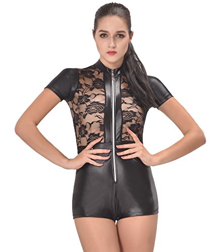 Preisvergleich Produktbild marysgift Damen Dessous Wetlook Leder Minikleid Negligee Schwarz M 36 38