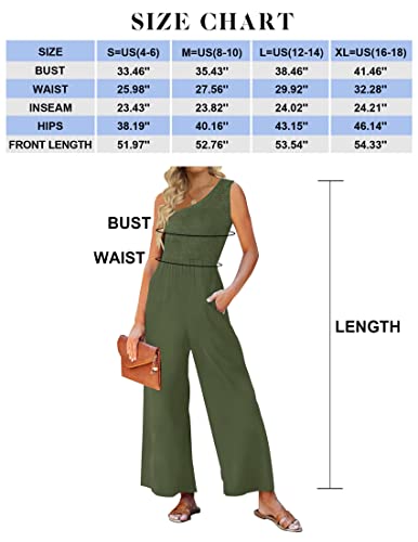 Zesica Women's 2023 Summer Casual One Shoulder Sleeveless Smocked High Waist Loose Wide Leg Jumpsuit Romper With Pockets,Armygreen,Medium #TOP4