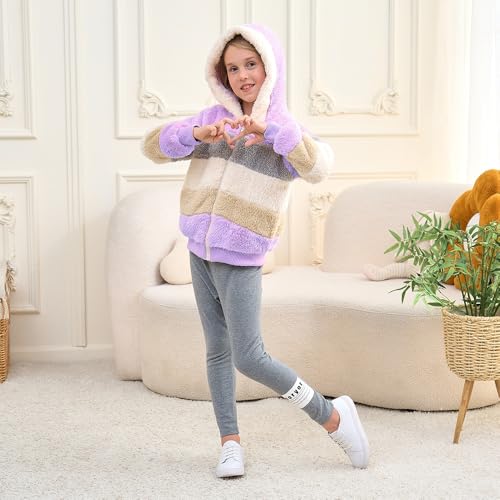 Image of Girls Zip up Hoodie Kids Fuzzy Fleece Jacket with hood Fall Winter Contrast color Pullover Sweatshirt 4-14 Years