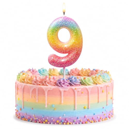 Image of Wanna Party Glitter Colorful 9th Birthday Candle, Birthday Number 9 Cake Candle Cake Toppers for Girl Women, Glitter Colorful Themed Party Decorations Supplies Birthday Gifts