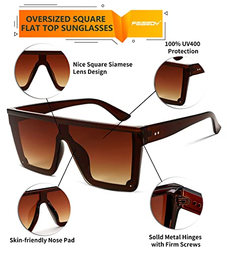 FEISEDY Oversized Sunglasses Mens Womens Flat Top Square Trendy Visor Shades UV400 B24704