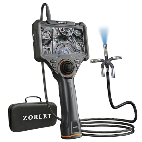 ZORLET Dual Lens 360° Articulating Borescope with Light, 5'' HD Monitor 4-Way Joystick Inspection Camera, 0.25in Slim Probe 5.0FT Semi-Rigid Snake Industrial Endoscope Camera for Automotive Mechanics